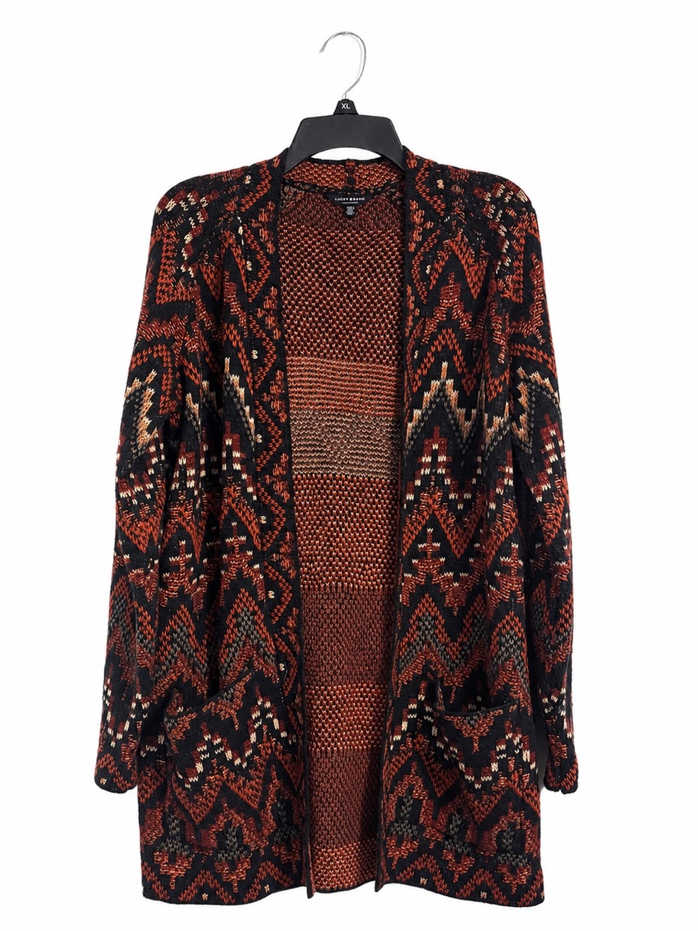 Lucky Brand Ikat Cardigan Sweater Women’s Medium Red Multi Open Front Duster